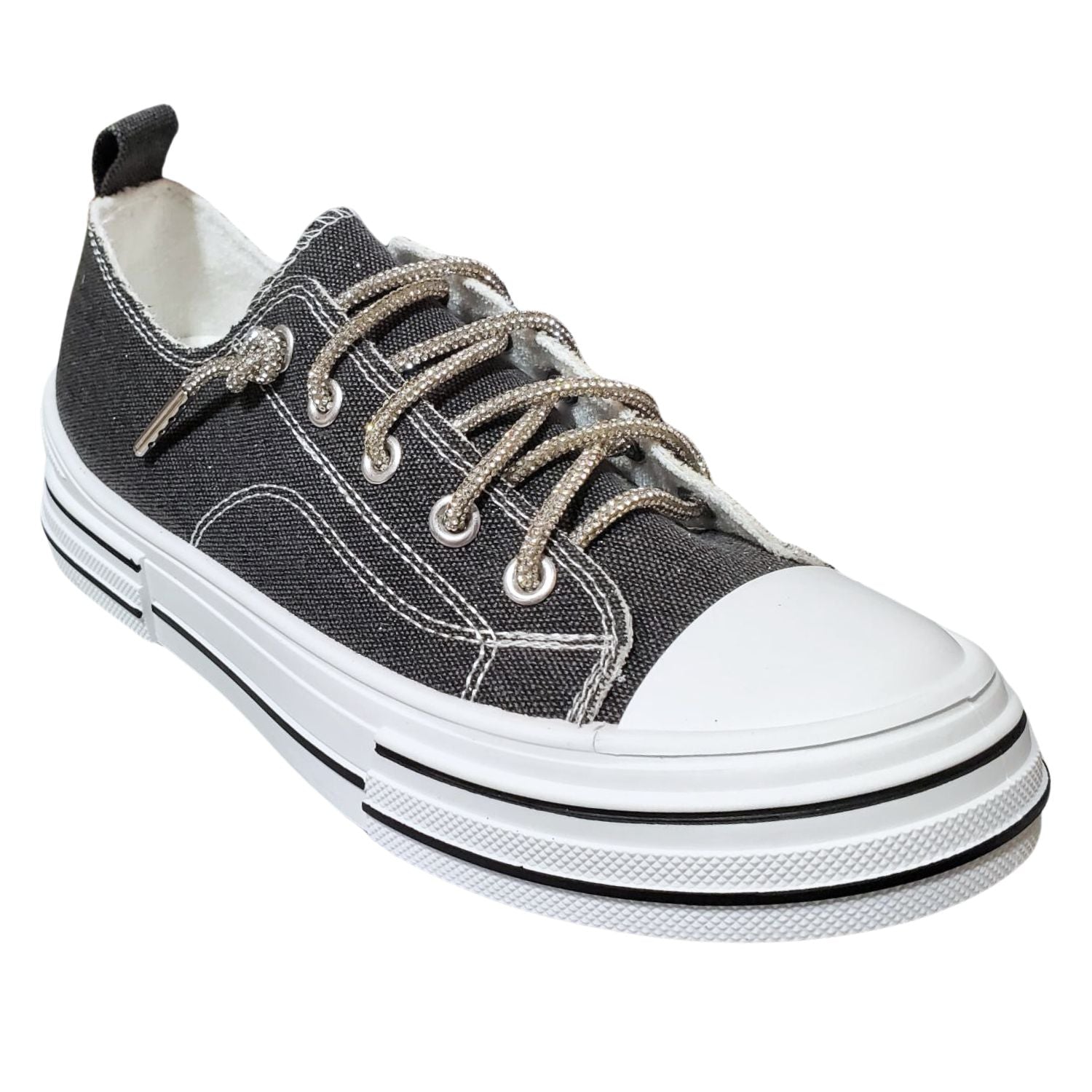 Very G Womens Aman Sparkle Lace Up Canvas Sneaker, Black