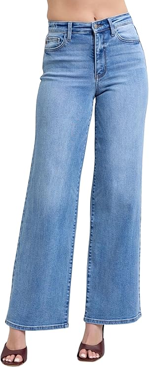 Judy Blue Womens High Waist Vintage Wash Retro Wide Leg Jeans