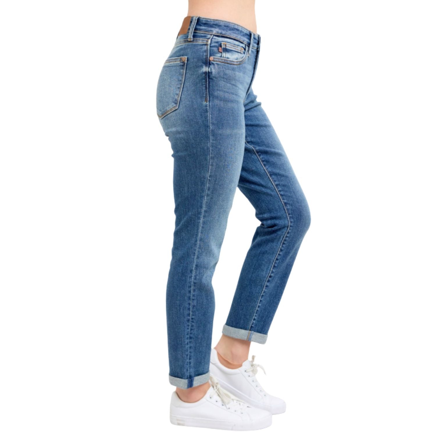 Judy Blue Womens Mid Rise Vintage Wash Non-Destroy Boyfriend Cuffed Jeans