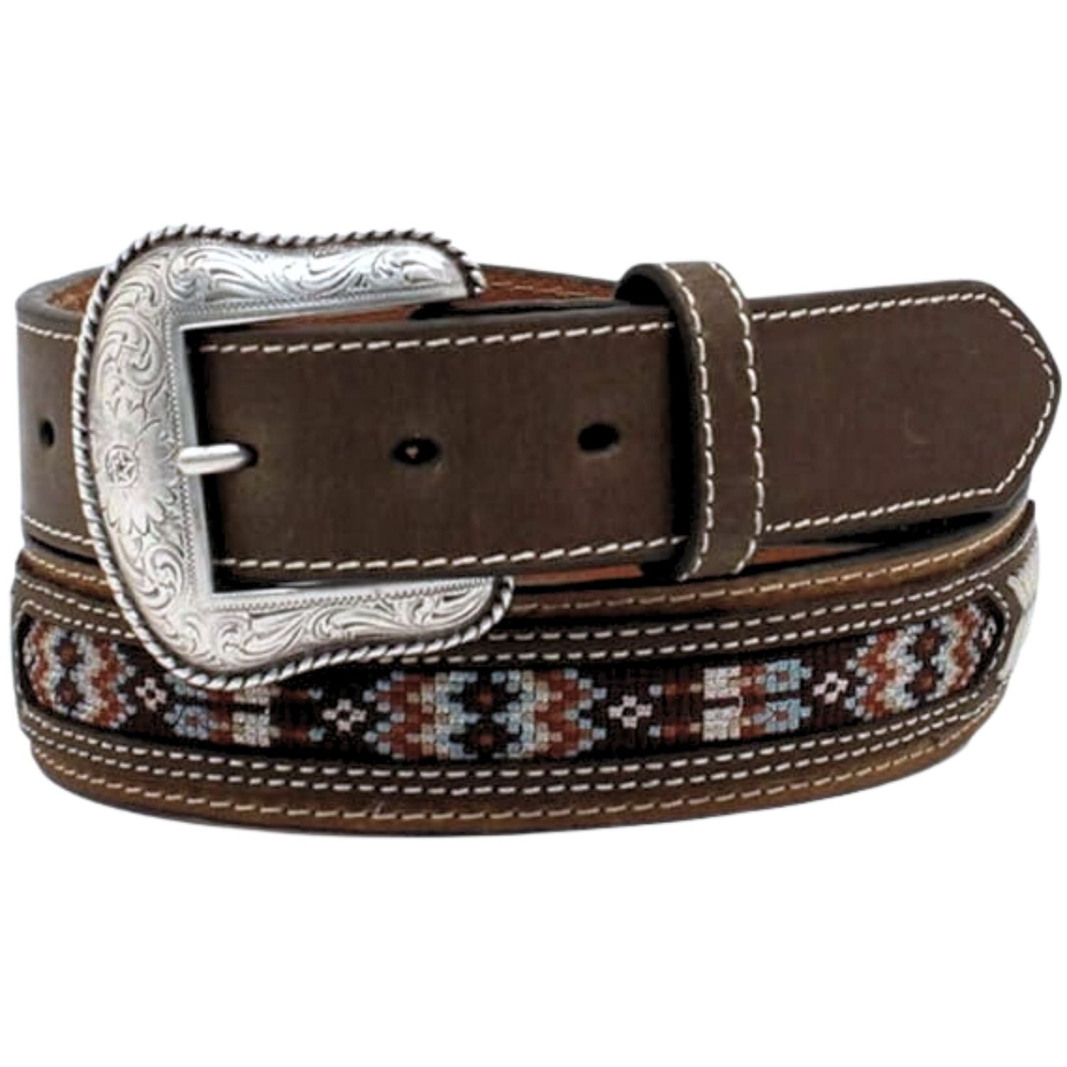 Nocona Mens Southwest Inlay Rawhide Laced Concho Leather Belt
