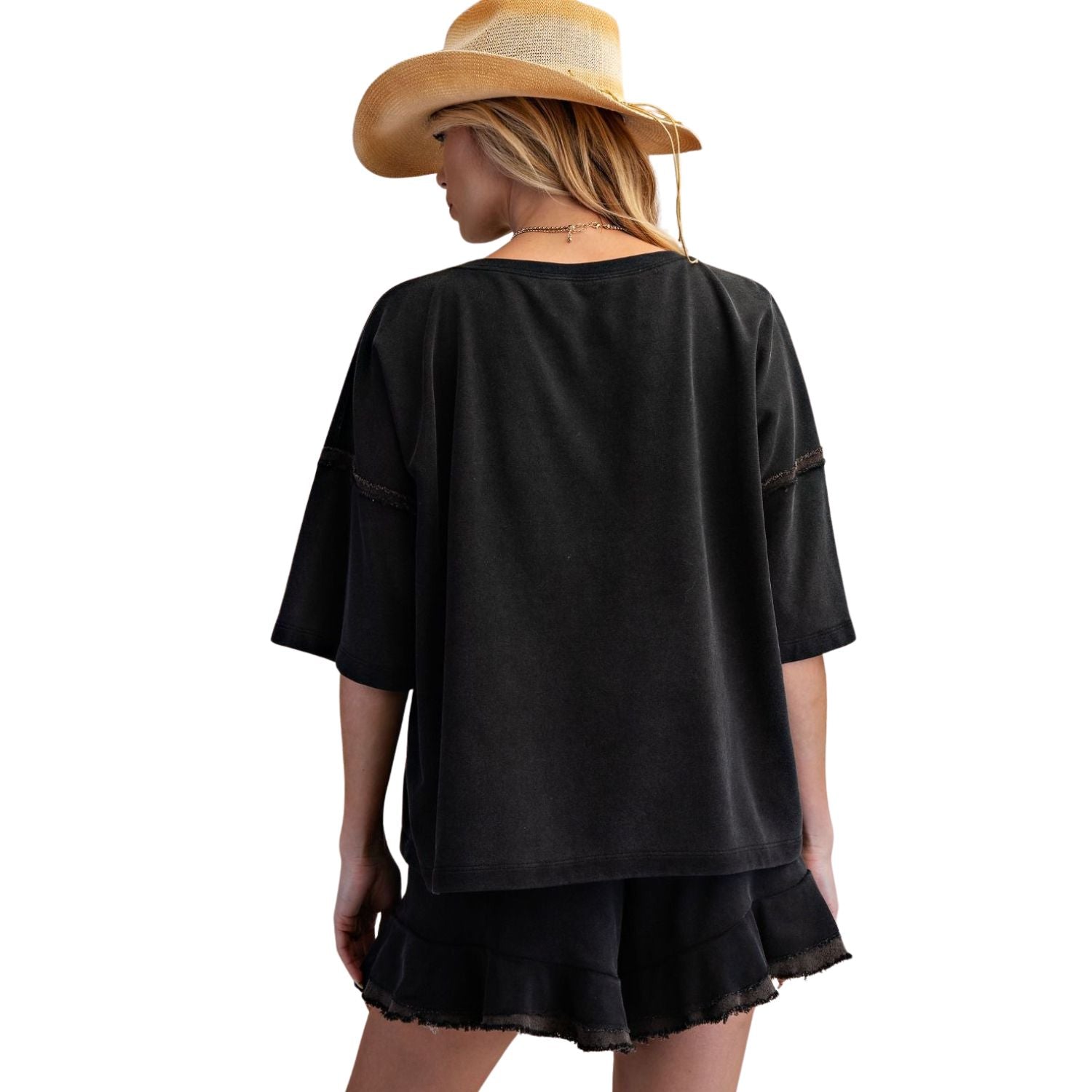 Easel Womens Oversized Drop Shoulder Washed Terry Boxy Top- Ash