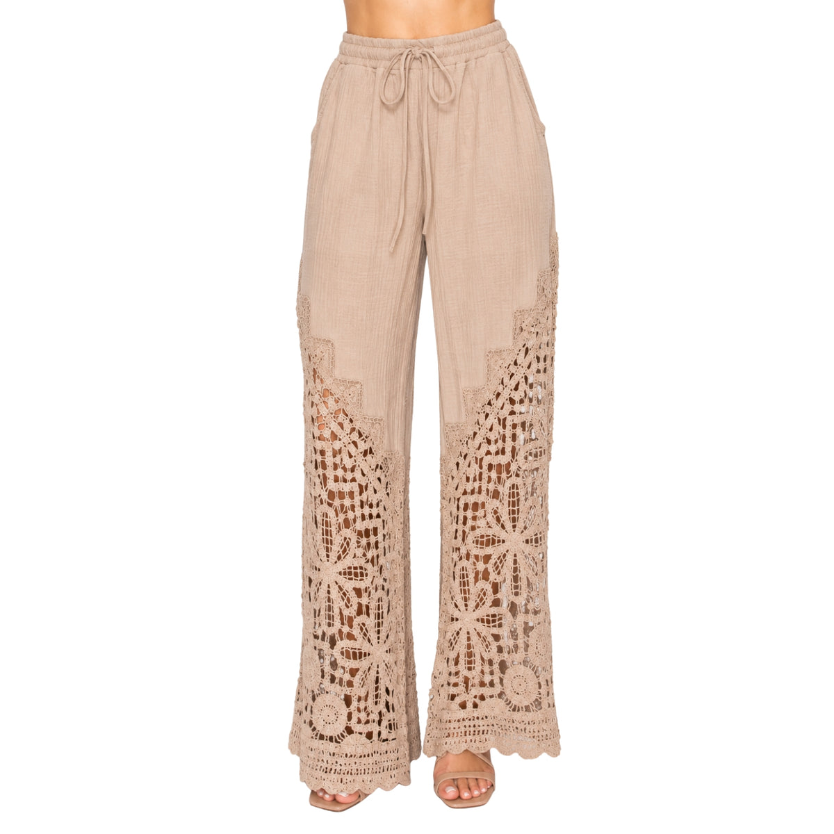 Origami Women's Crochet Lace Wide Leg Drawstring Pants, Taupe