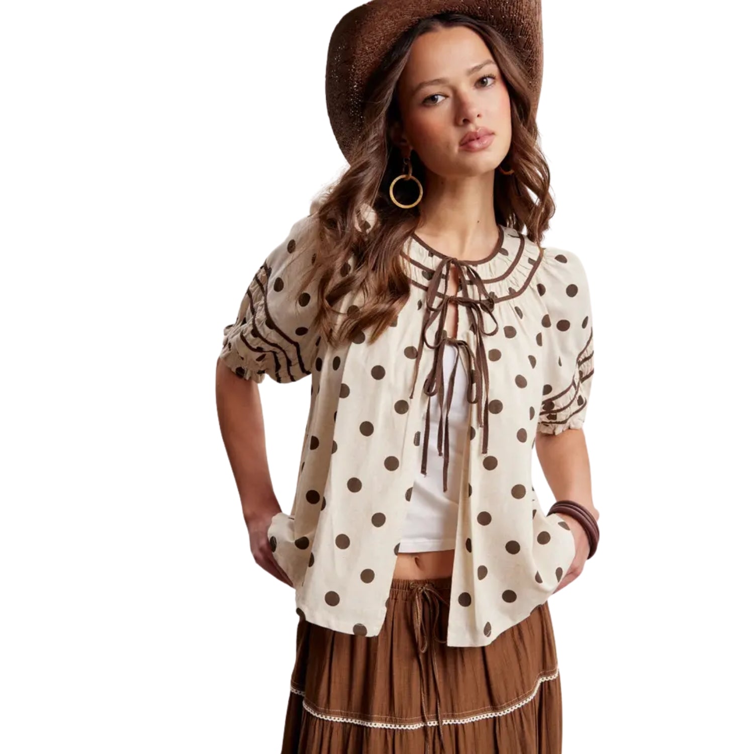 Listicle Women's Polka Dot Ruffle Trim Tie Front Puff Sleeve Blouse, Brown
