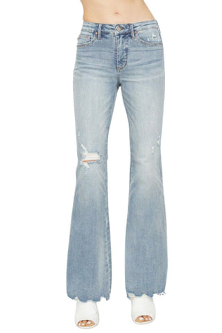 Judy Blue Womens Mid Rise Tummy Control Destroyed Flare Jeans