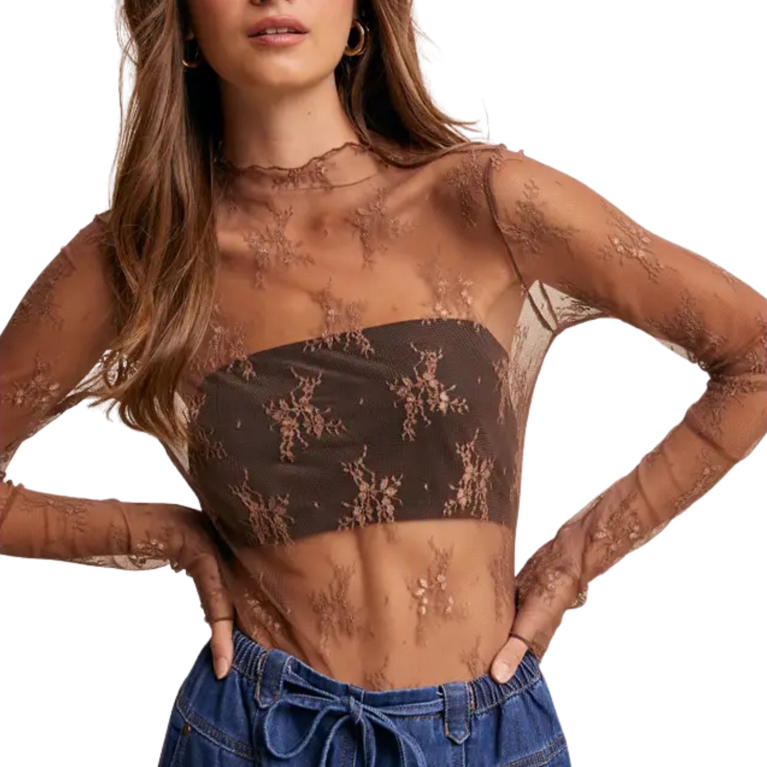 Listicle Women's Sheer Floral Lace Long Sleeve Top, Mocha