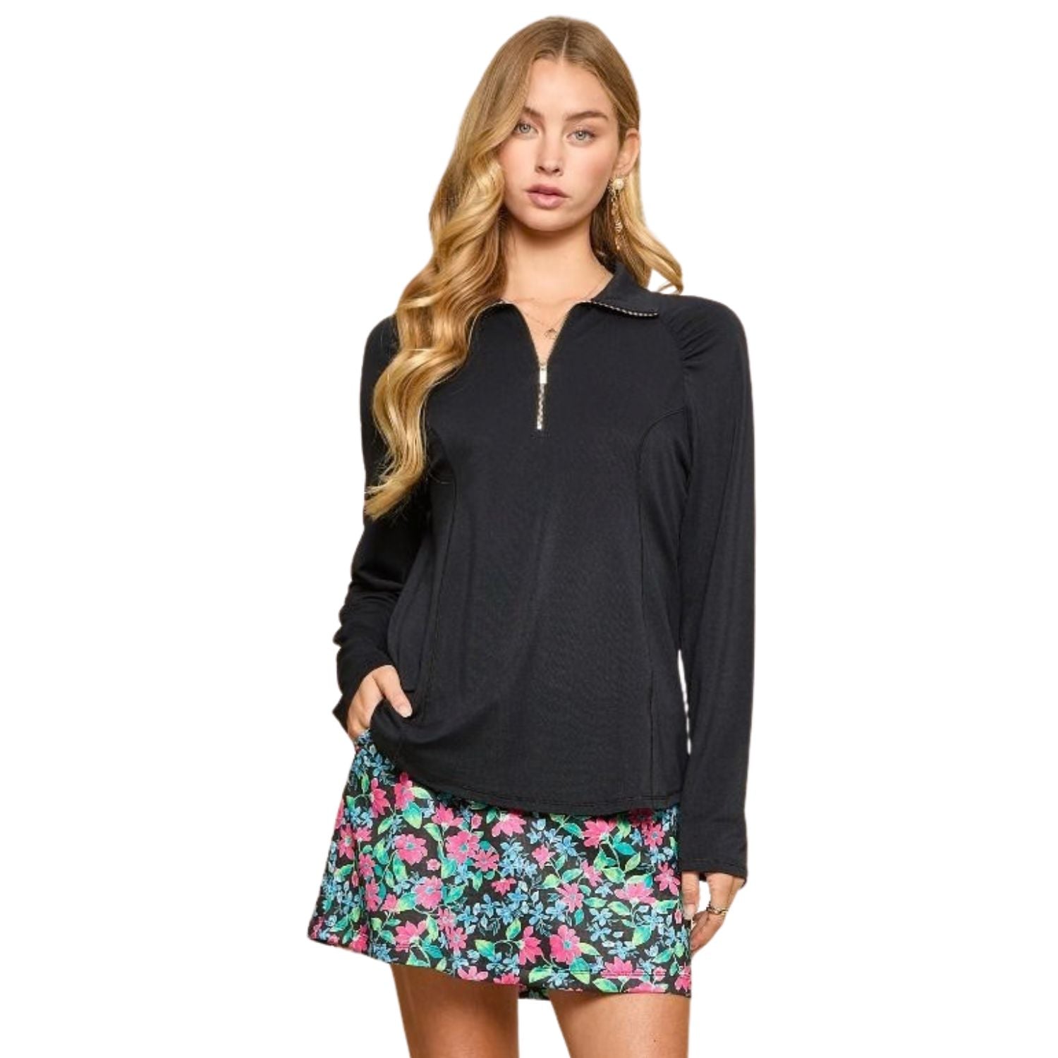Dear Scarlett Womens Long Sleeve Athletic Sporty Blouse, Jet Black