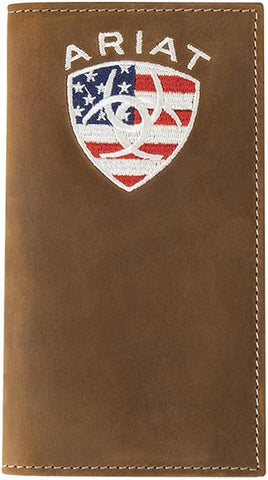 Ariat Mens USA Flag Shield Embroidered Logo Leather Rodeo Checkbook Wallet