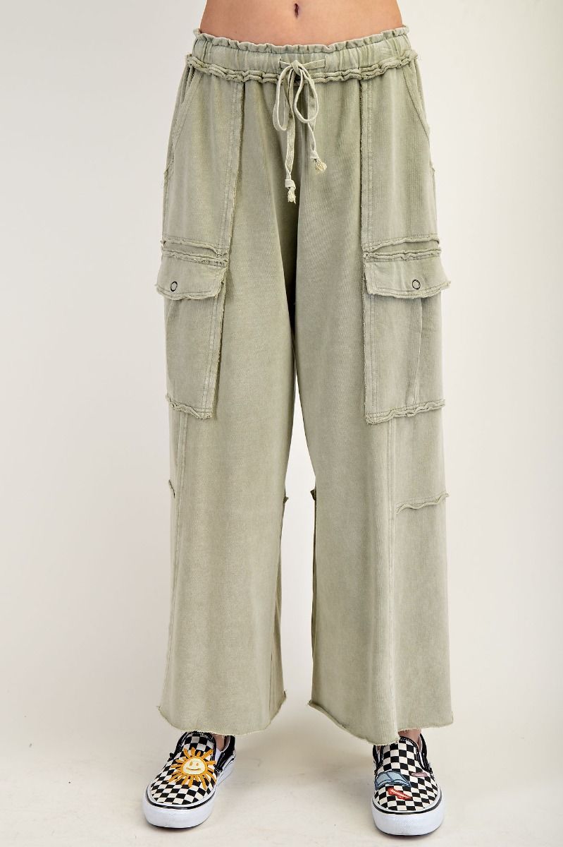 Easel Womens Utility Mineral Washed Wide Leg Terry Knit Cargo Pant- Faded Olive