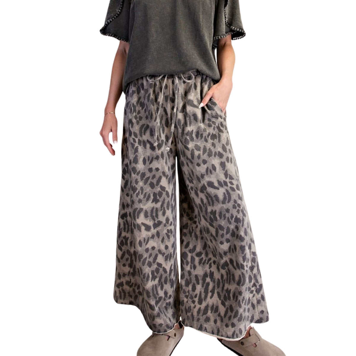 Easel Women's Mineral Washed Leopard Print Wide Leg Terry Knit Pants, Ash