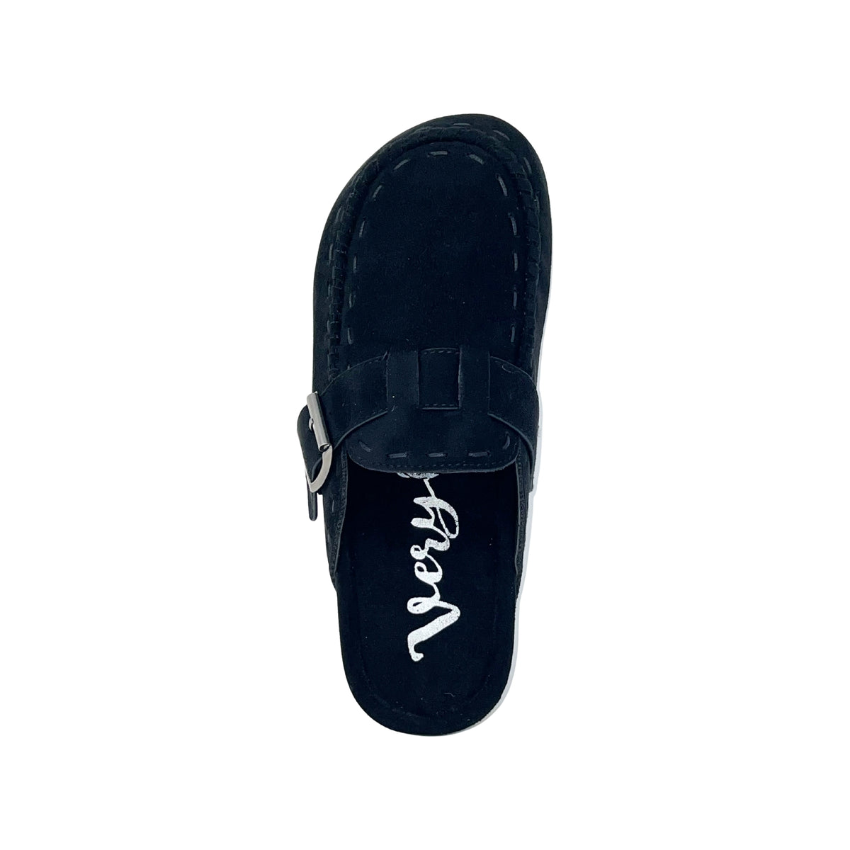 Very G Bella Women's Suede Mule Clog with Buckle Strap, Black