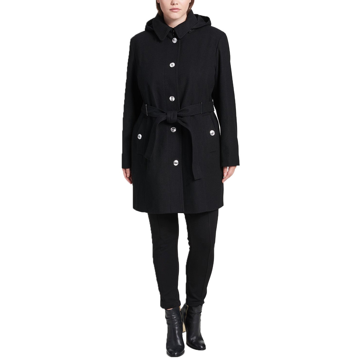Calvin Klein Plus Size Hooded Belted Walker Coat (Black, 0X)