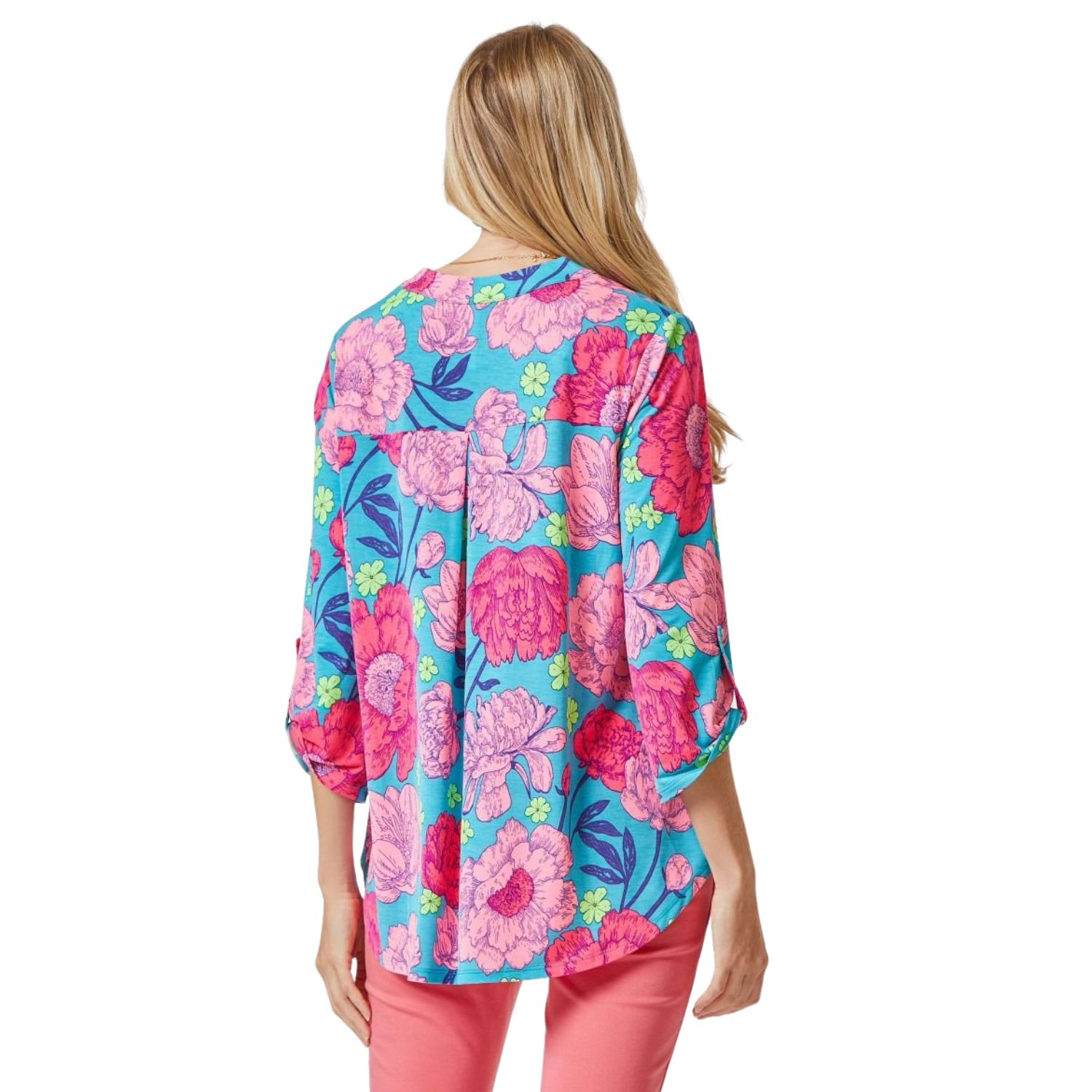 Dear Scarlett Womens Lizzy Relaxed Flowy High Low Blouse, Teal Multi