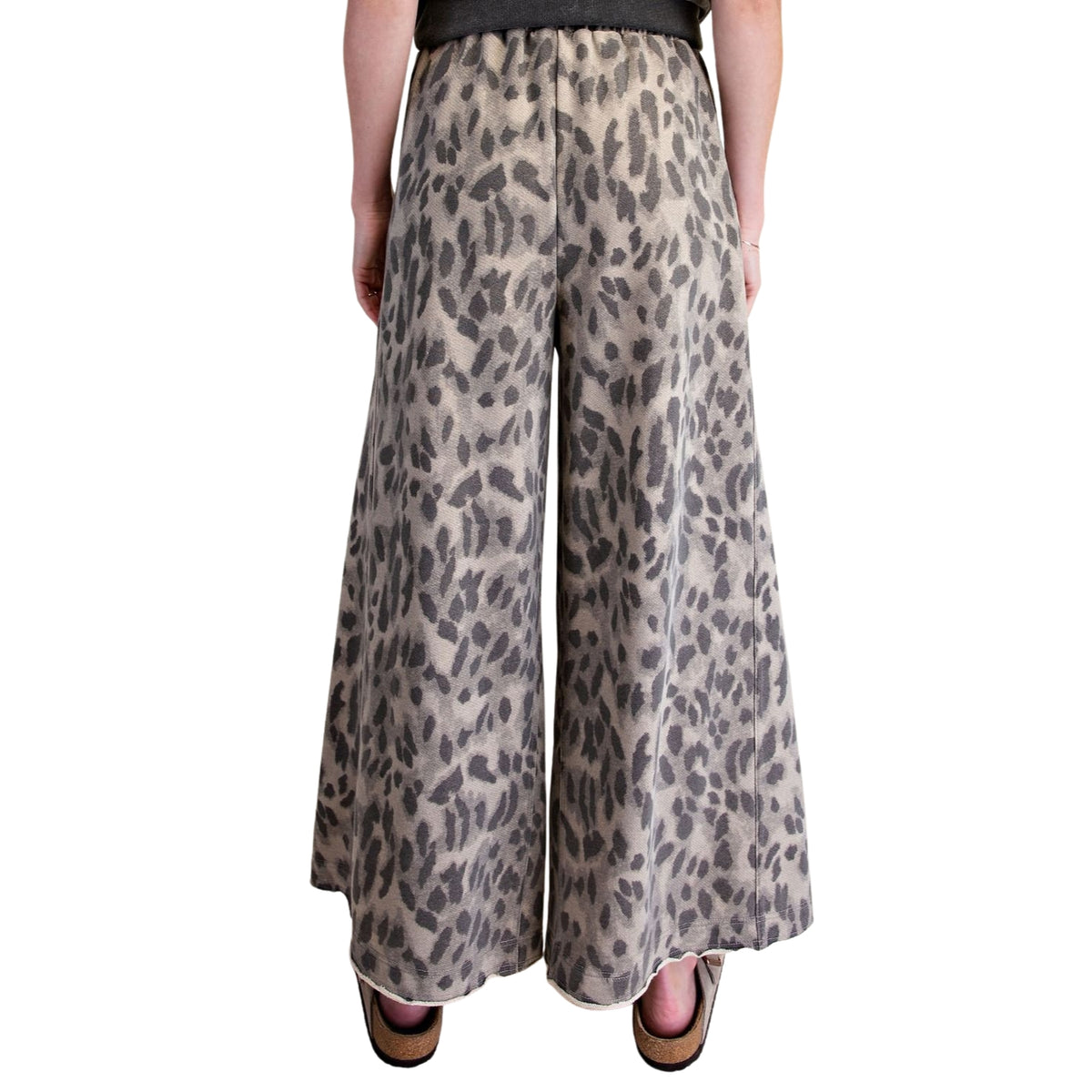 Easel Women's Mineral Washed Leopard Print Wide Leg Terry Knit Pants, Ash