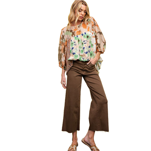 Easel Womens High Waist, Button Front Wide Leg Crop, Stretch, Bell Bottom Pant