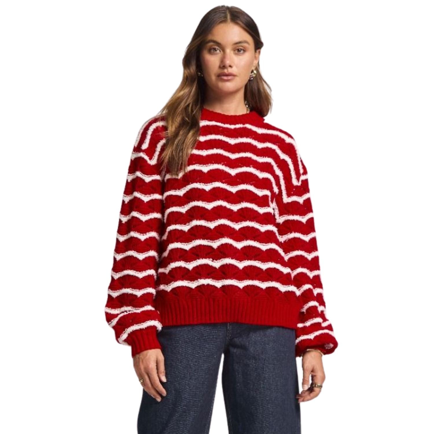 Dear Scarlett Womens Striped Holiday Christmas Sweater, Red
