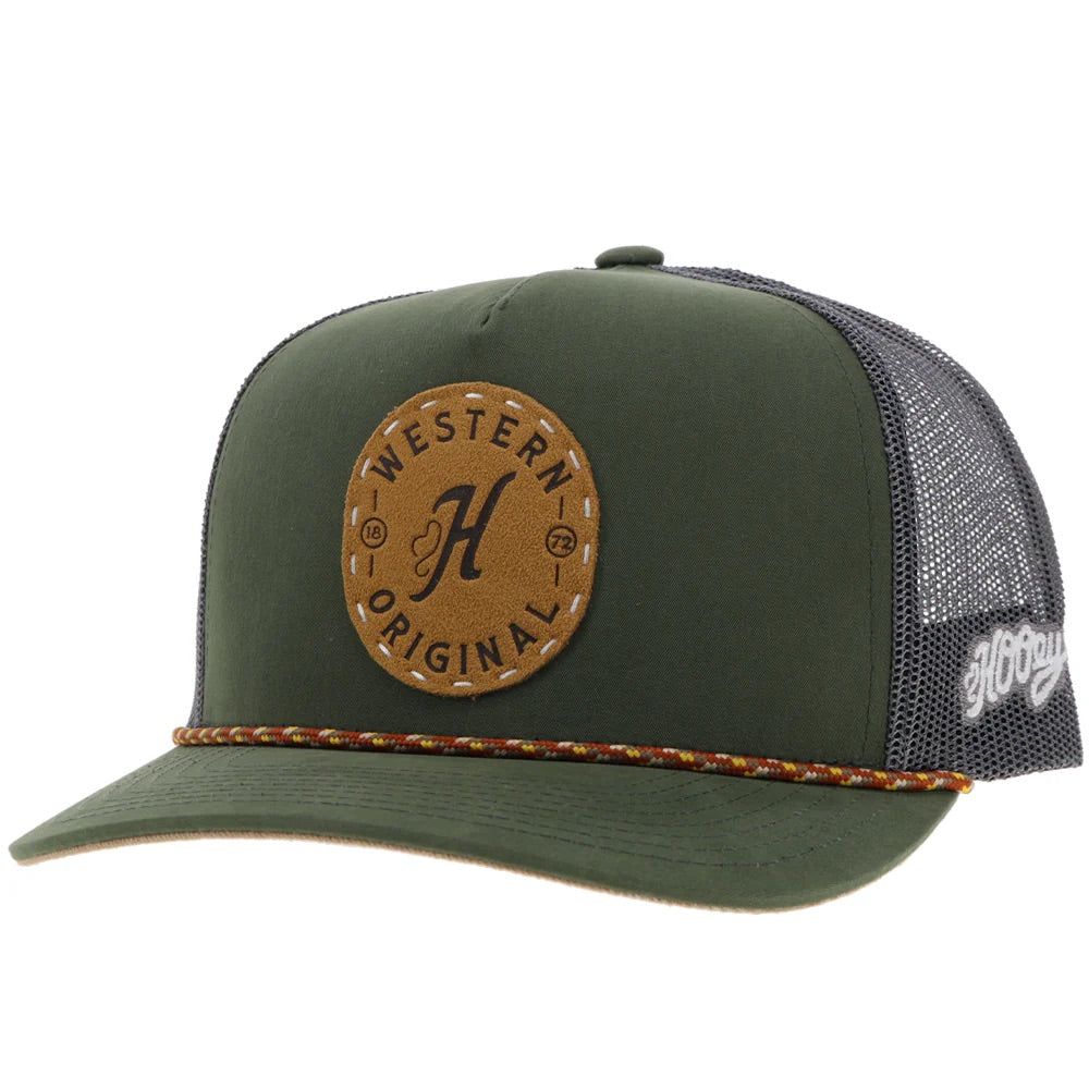 Hooey Mens "Spur" Olive and Grey with Circle Patch and Rope Detail Trucker Hat