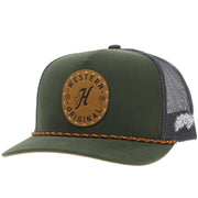Hooey Mens "Spur" Olive and Grey with Circle Patch and Rope Detail Trucker Hat