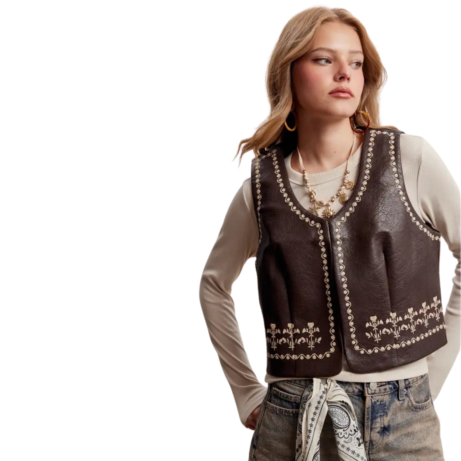 Listicle Women's Embroidered Faux Leather Western Vest, Mocha