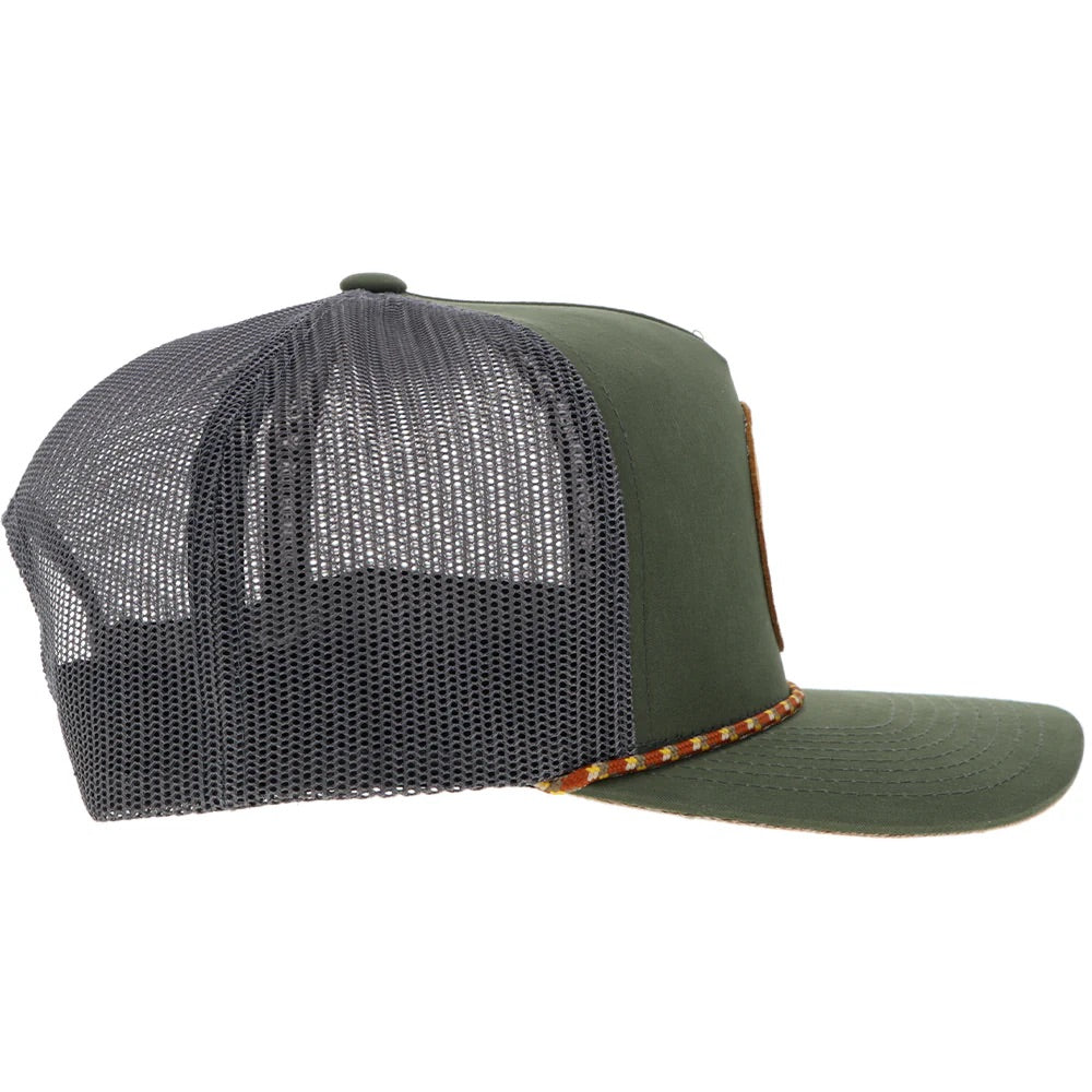 Hooey Mens "Spur" Olive and Grey with Circle Patch and Rope Detail Trucker Hat