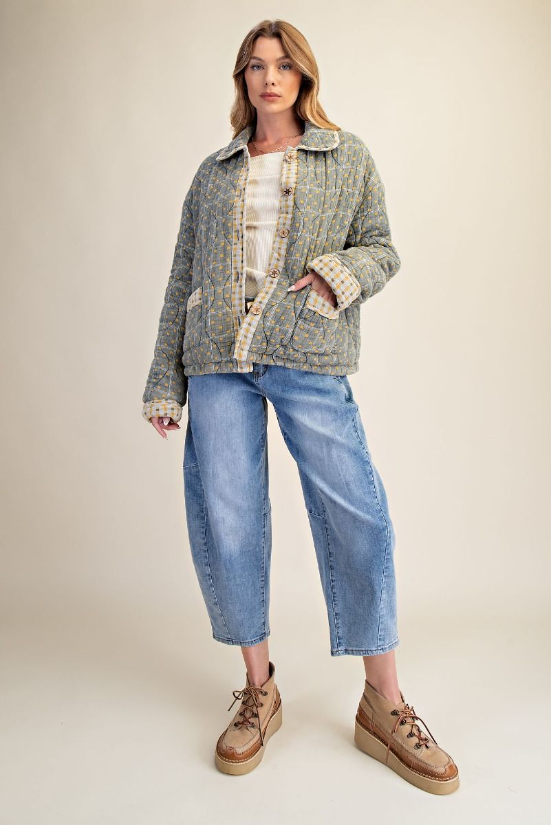 Easel Womens Oversized Gingham and Plaid Quilted Jacket