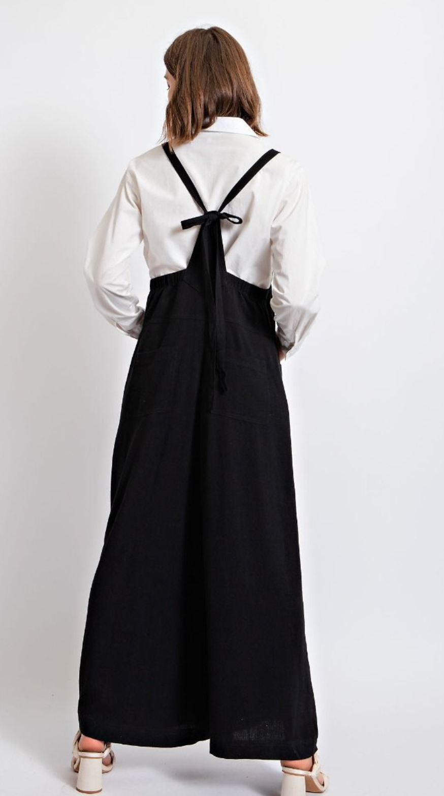 Easel Womens Textured Linen Wide leg Jumpsuit Overall, Black