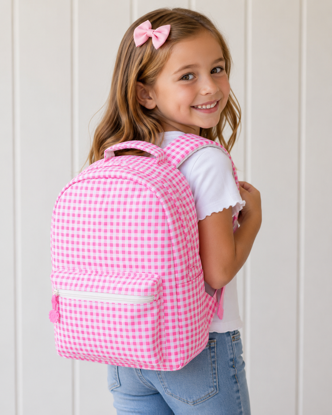 Jane Marie Kids Girls Pink Strawberry Picnic Gingham Canvas School Backpack