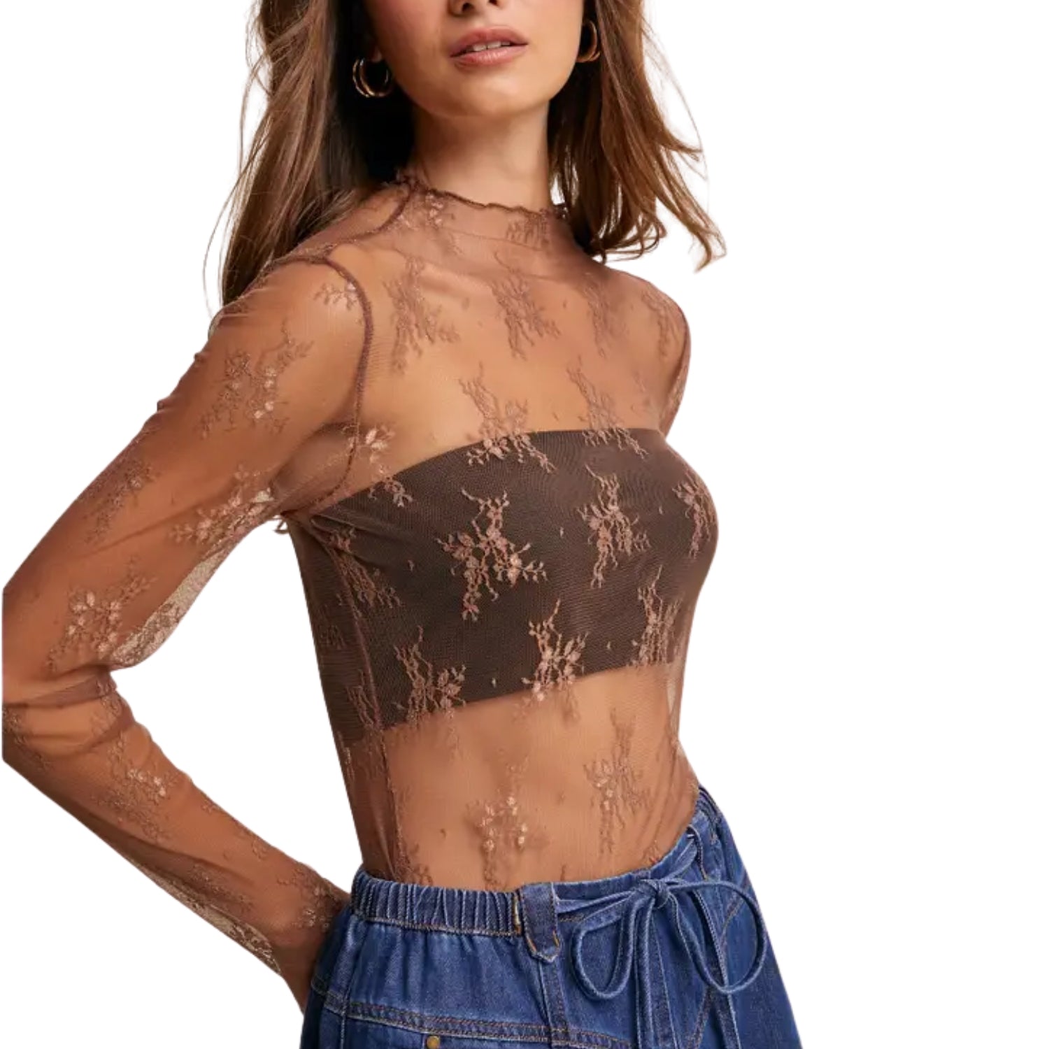 Listicle Women's Sheer Floral Lace Long Sleeve Top, Mocha (X-Small)