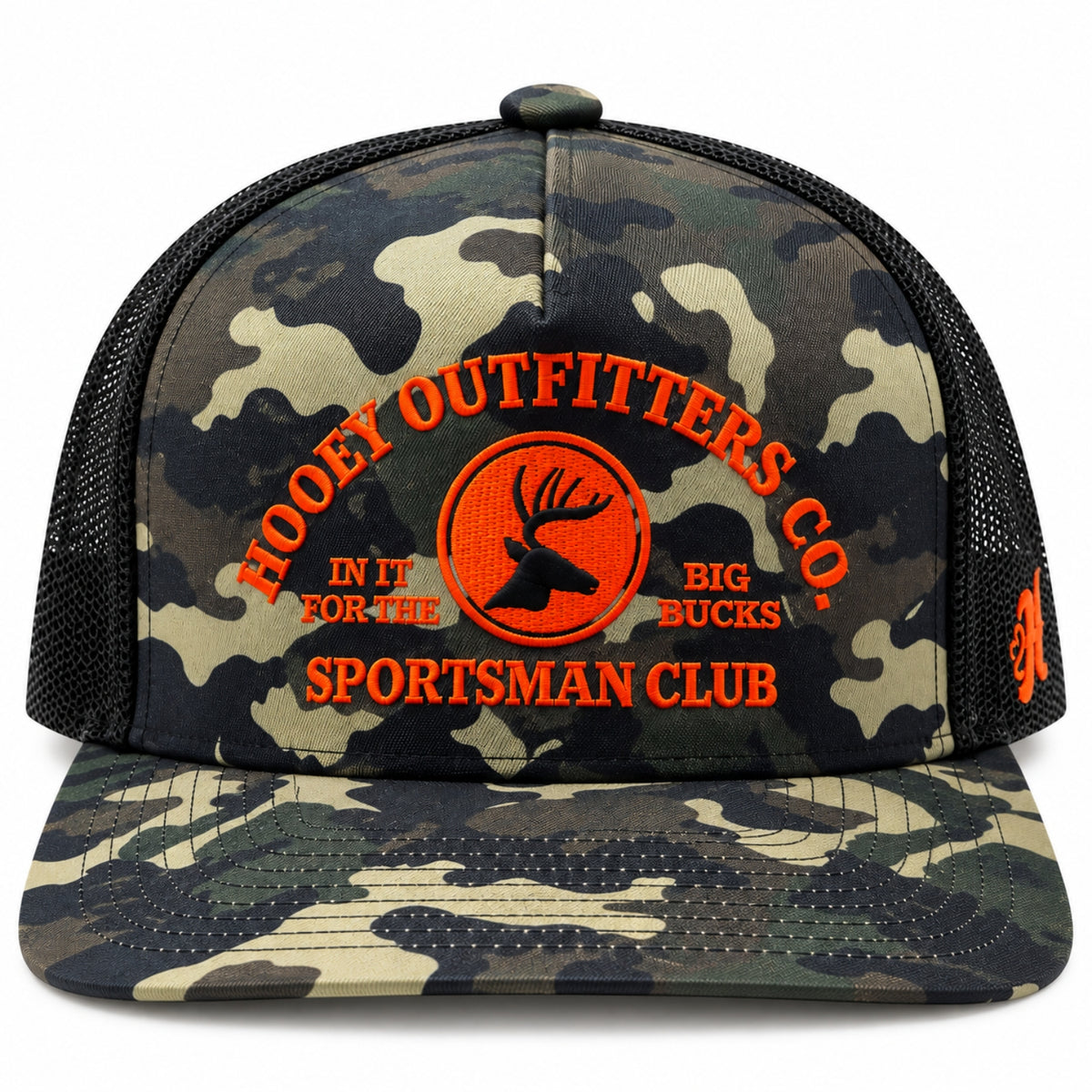 Hooey Men's Sportsman Club Camo Trucker Snapback Hat, Black/Orange