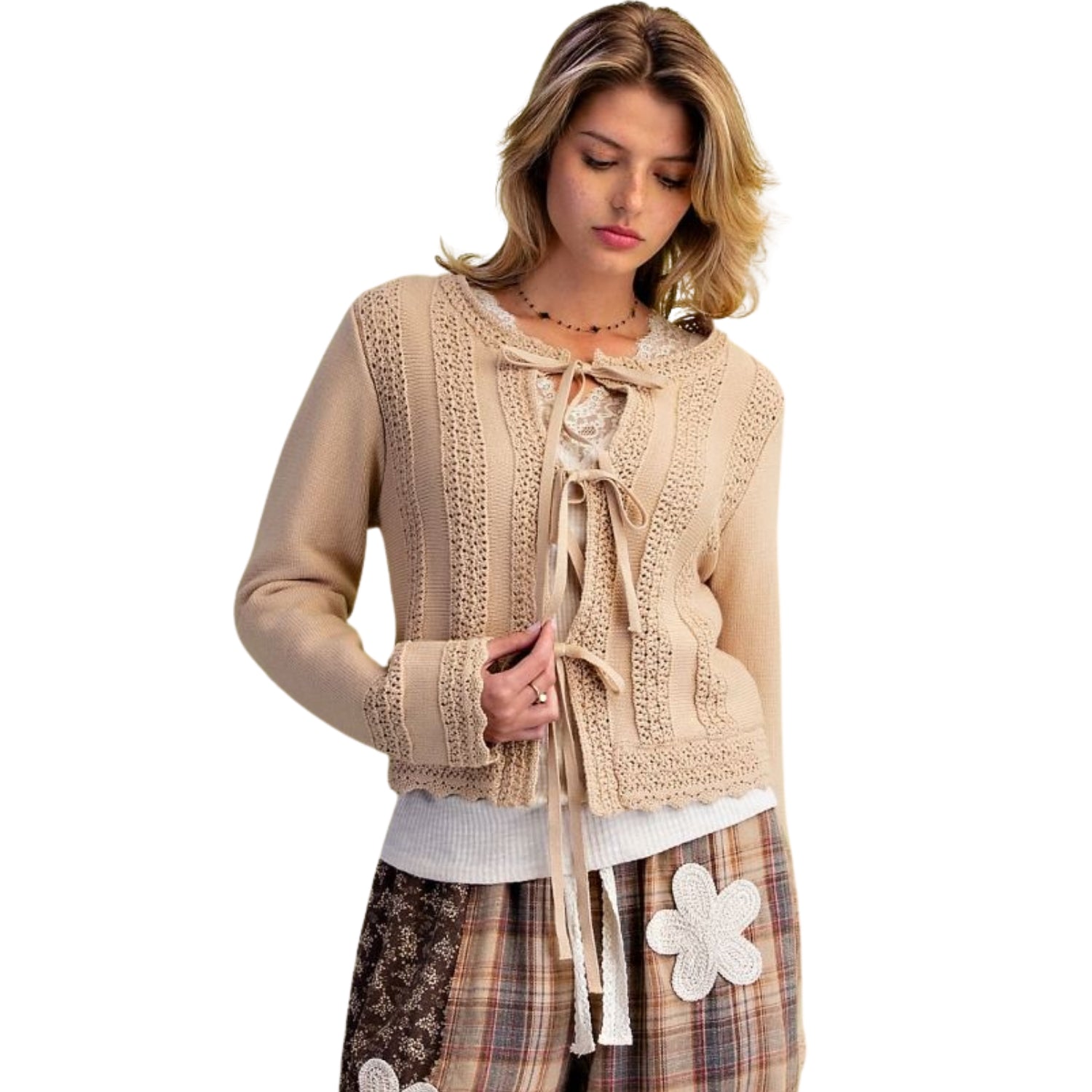 Easel Women's Crochet Trim Tie-Front Cotton Knit Cardigan Sweater, Natural
