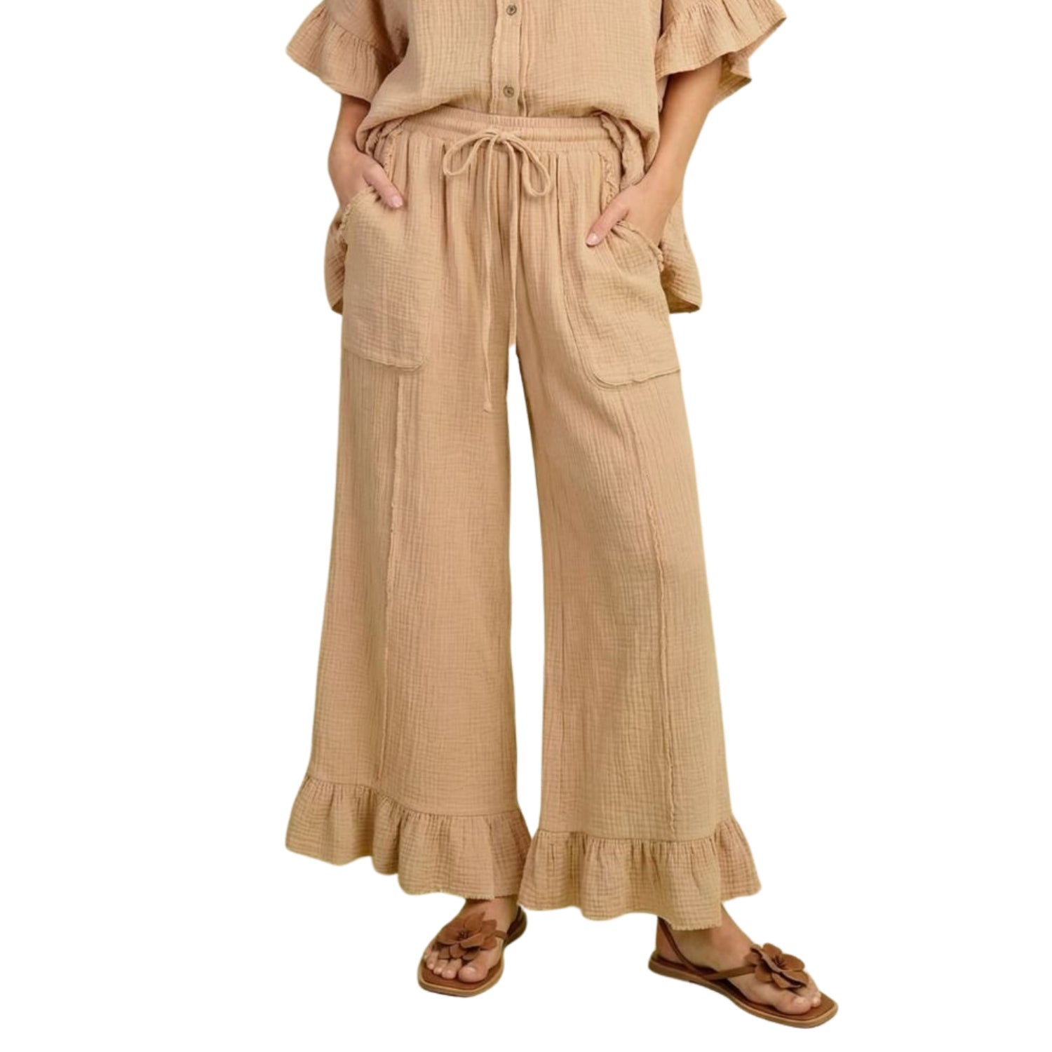Easel Women's Cotton Gauze Wide Leg Ruffle Hem Drawstring Pants, Khaki