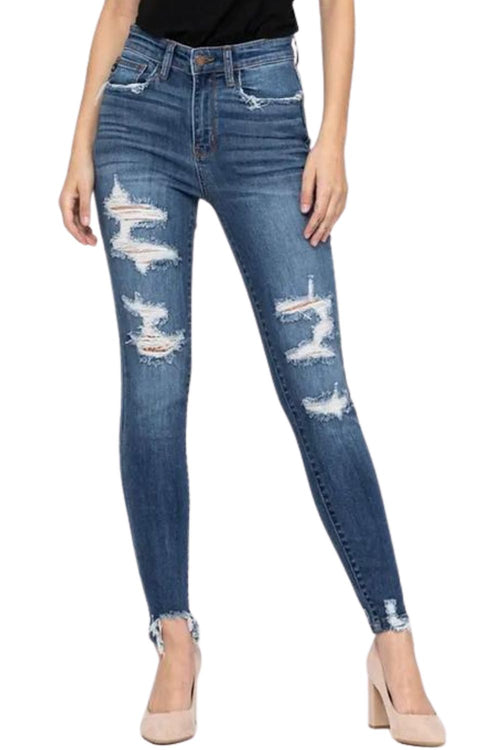 Judy Blue Womens High Waist Shark Bite Hem Distressed Skinny Jeans