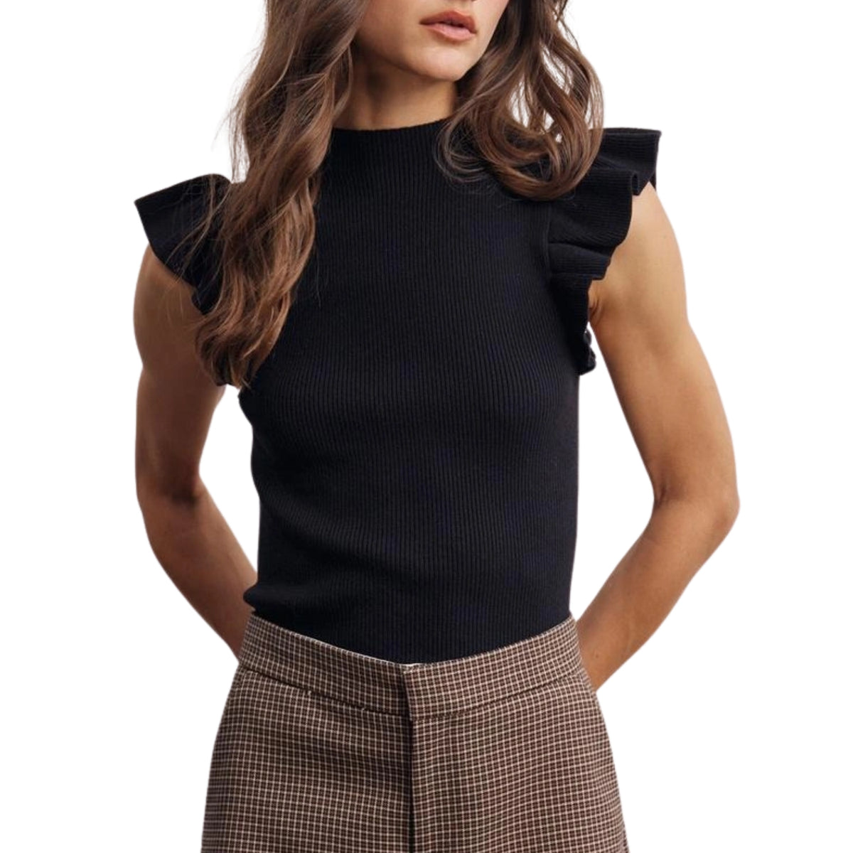 Listicle Forte Women's Ruffle Sleeve Rib Knit Mock Neck Top, Black