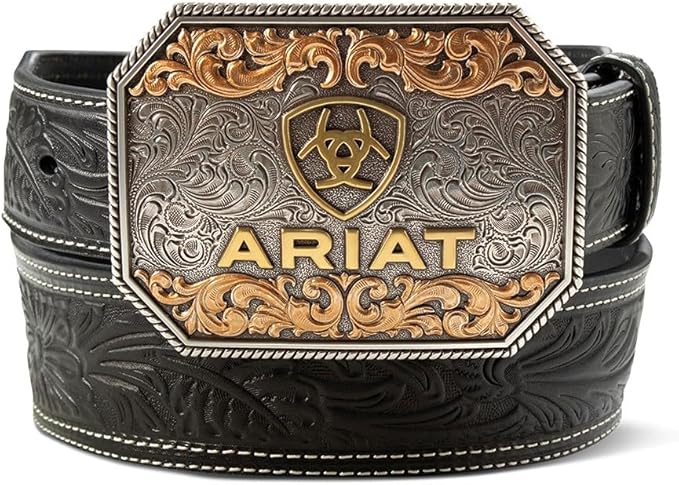 Ariat Mens Multi Finish Buckle Floral Embossed Tapered Leather Belt, Black
