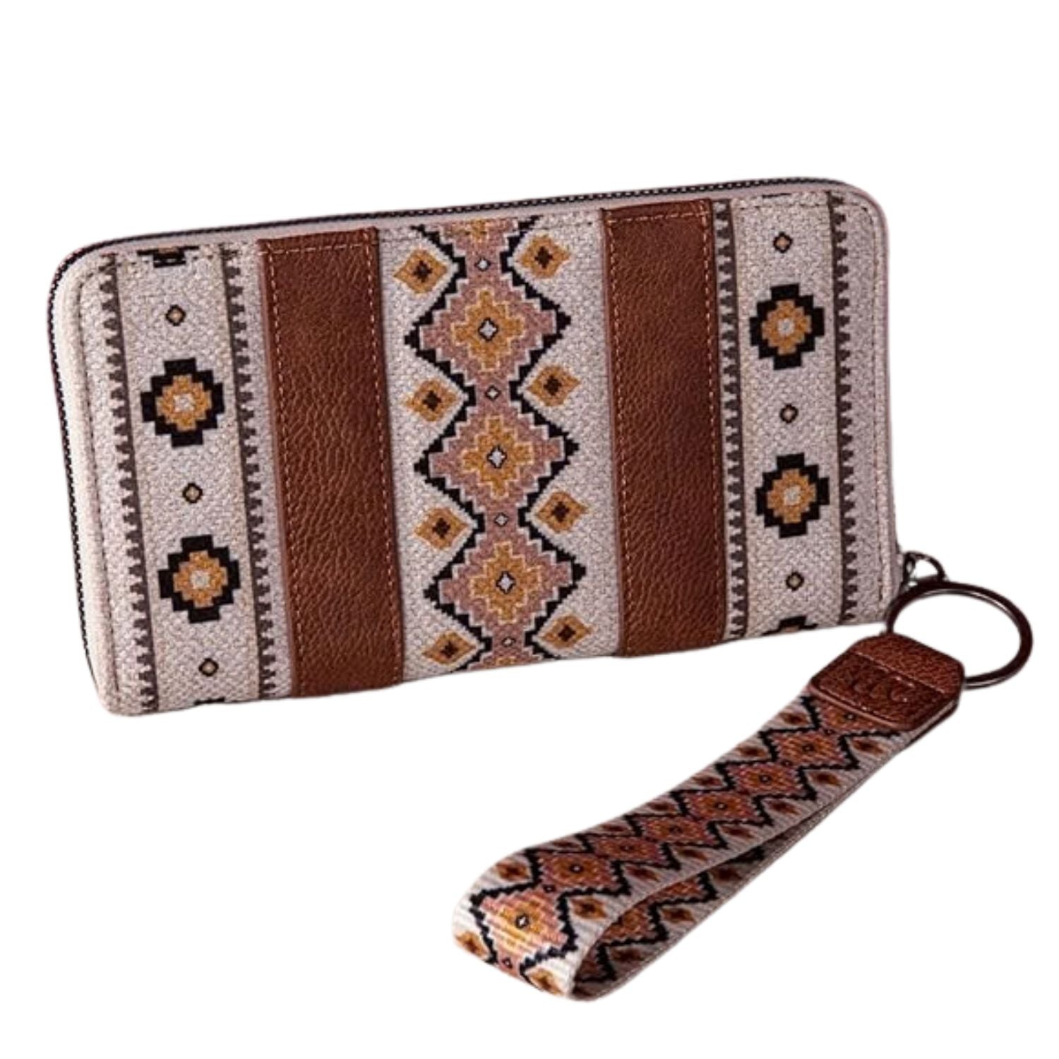 Wrangler Southwestern Art Print Leather and Canvas Wristlet Wallet -Coffee