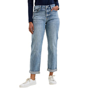 Judy Blue Womens Billie Mid Rise Boyfriend Cuffed Jeans, Light Iced Indigo