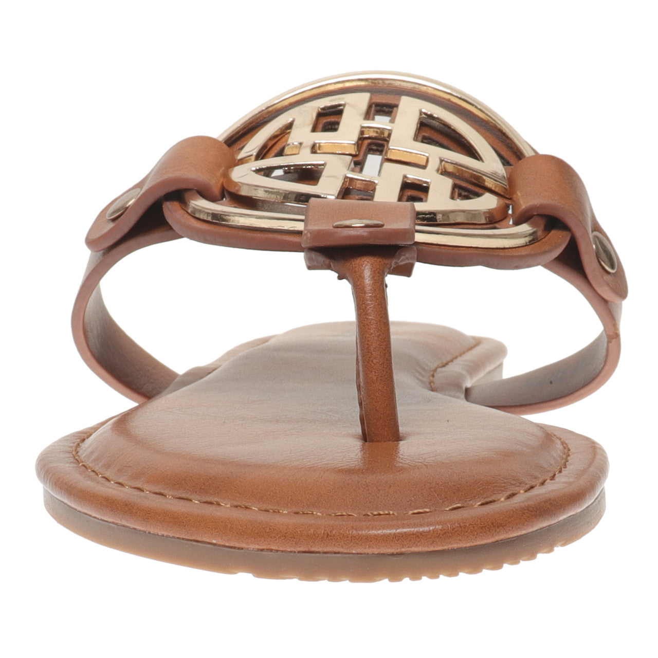 Pierre Dumas Womens Limit-24 Chic Medallion Slip On Sandals- New Tan/Gold