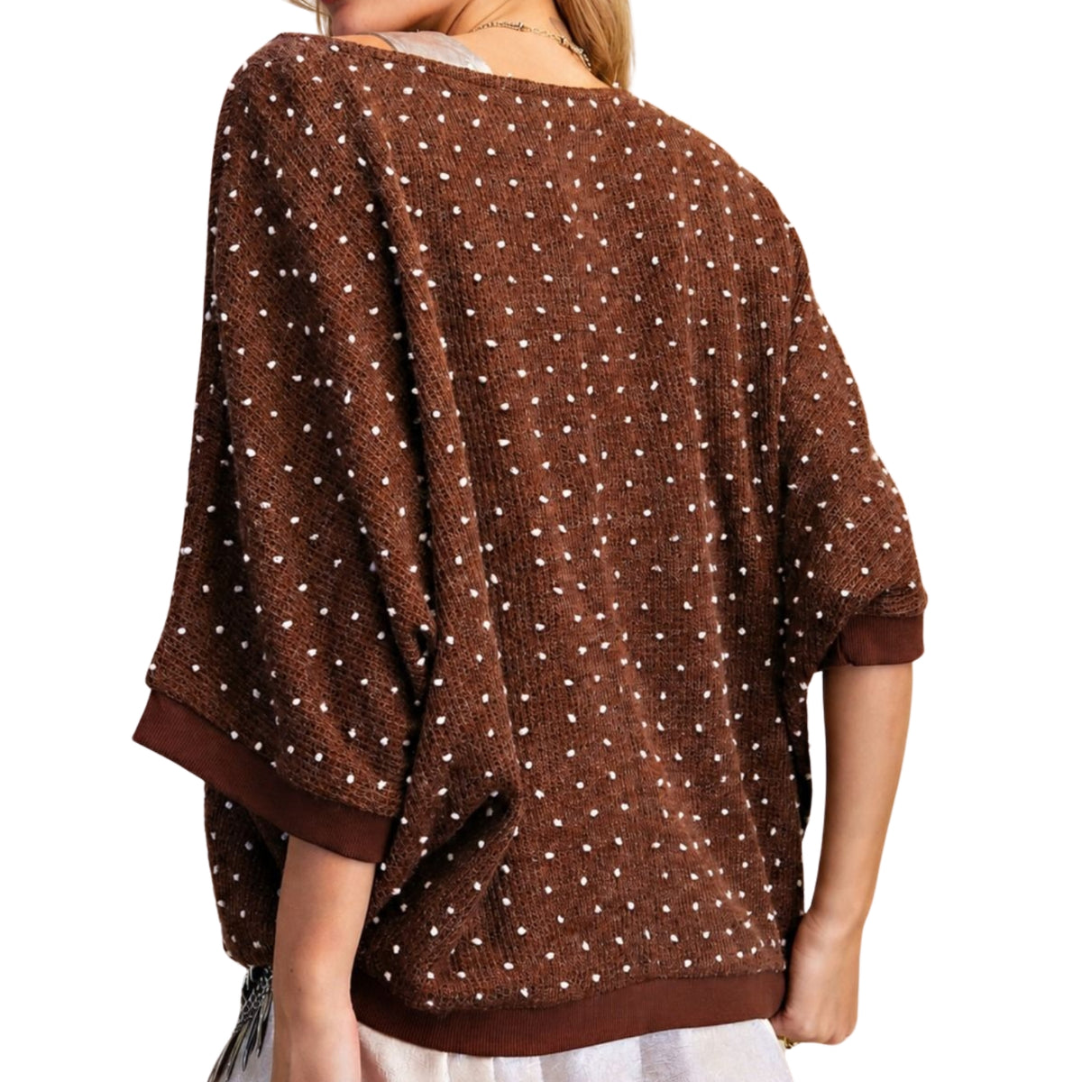 Easel Women's Oversized Polka Dot Hacci Knit Poncho Sweater, Brown