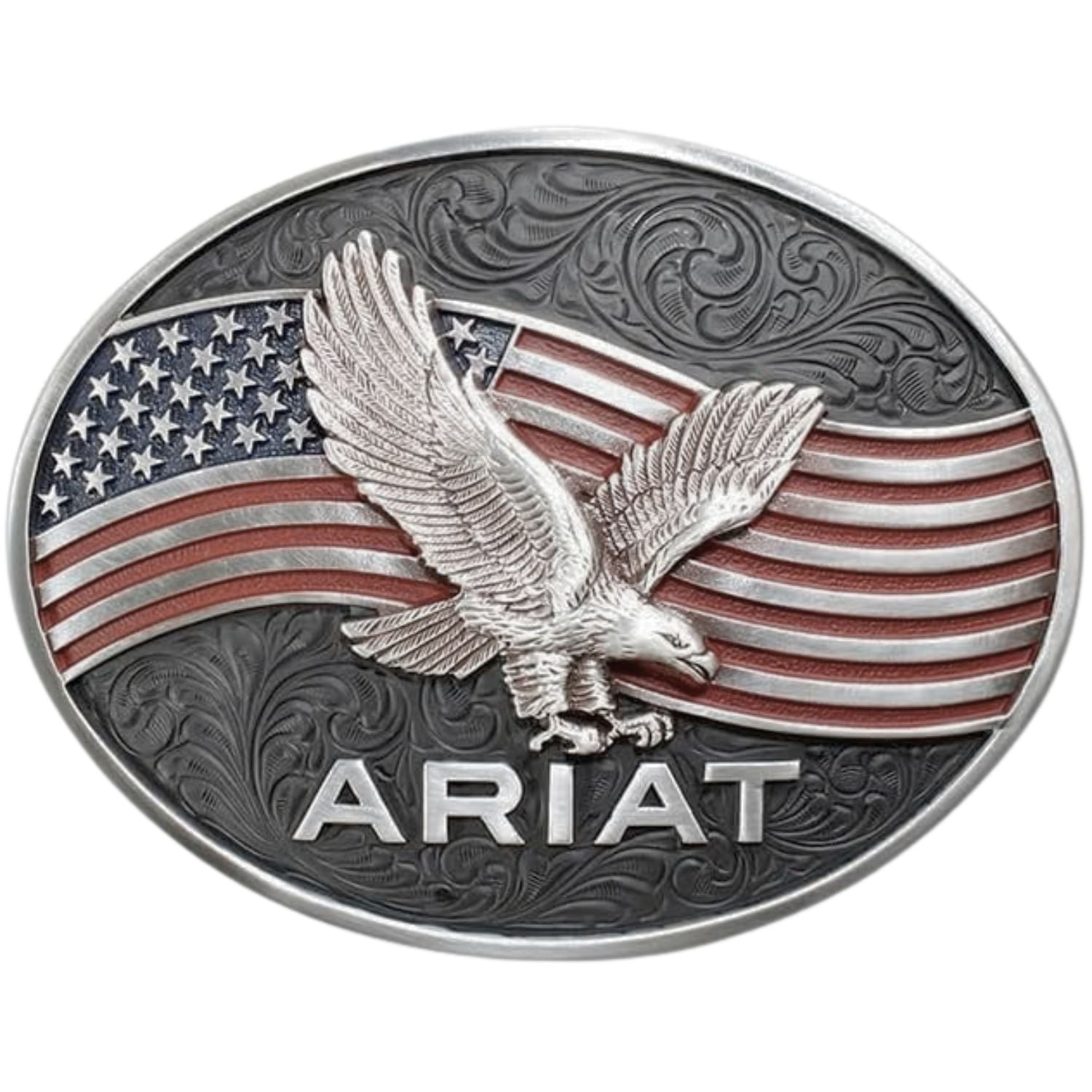Ariat Mens Oval American Flag Eagle Motif Belt Buckle (Silver)