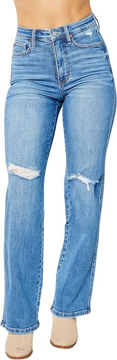 Judy Blue Womens High Waist Tummy Control Destroy Knee Straight Fit Jeans