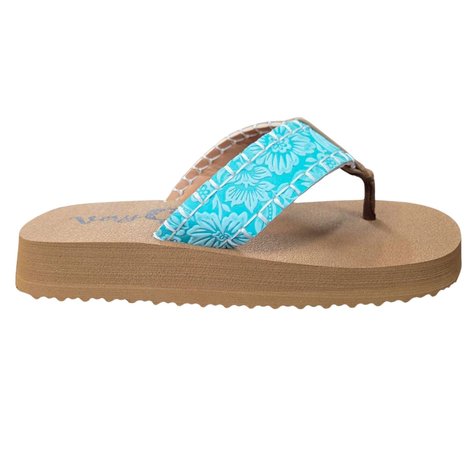 Very G Womens Pamela Western Floral Embossed Leather Strap Flip Flops - Turquoise