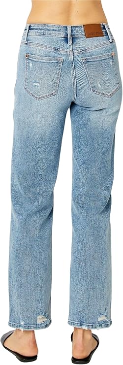 Judy Blue Womens Mid Rise Destroyed Straight Fit Jeans