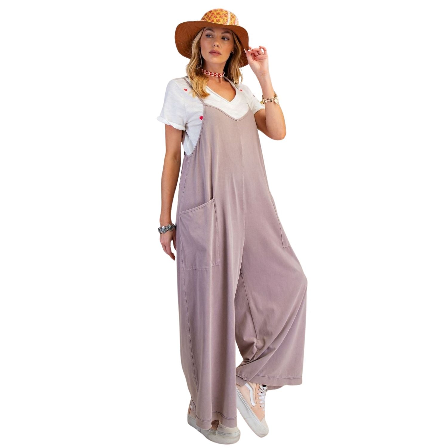 Easel Womens Mineral Washed Cotton Wide leg Jumpsuit Romper- Twilight Mauve