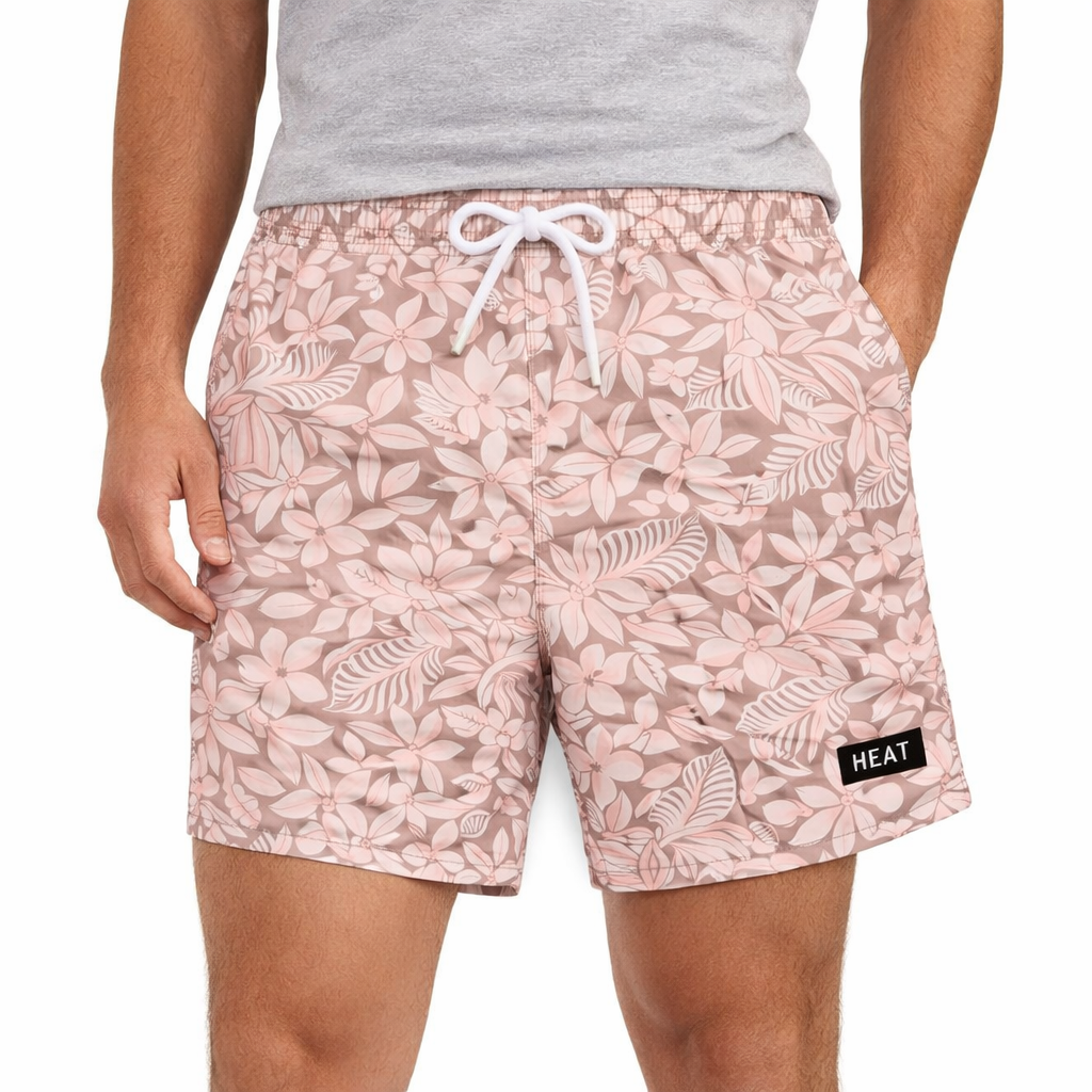 Heat Swimwear Mens Tie Front Board Short Swim Trunks, Floral Beige