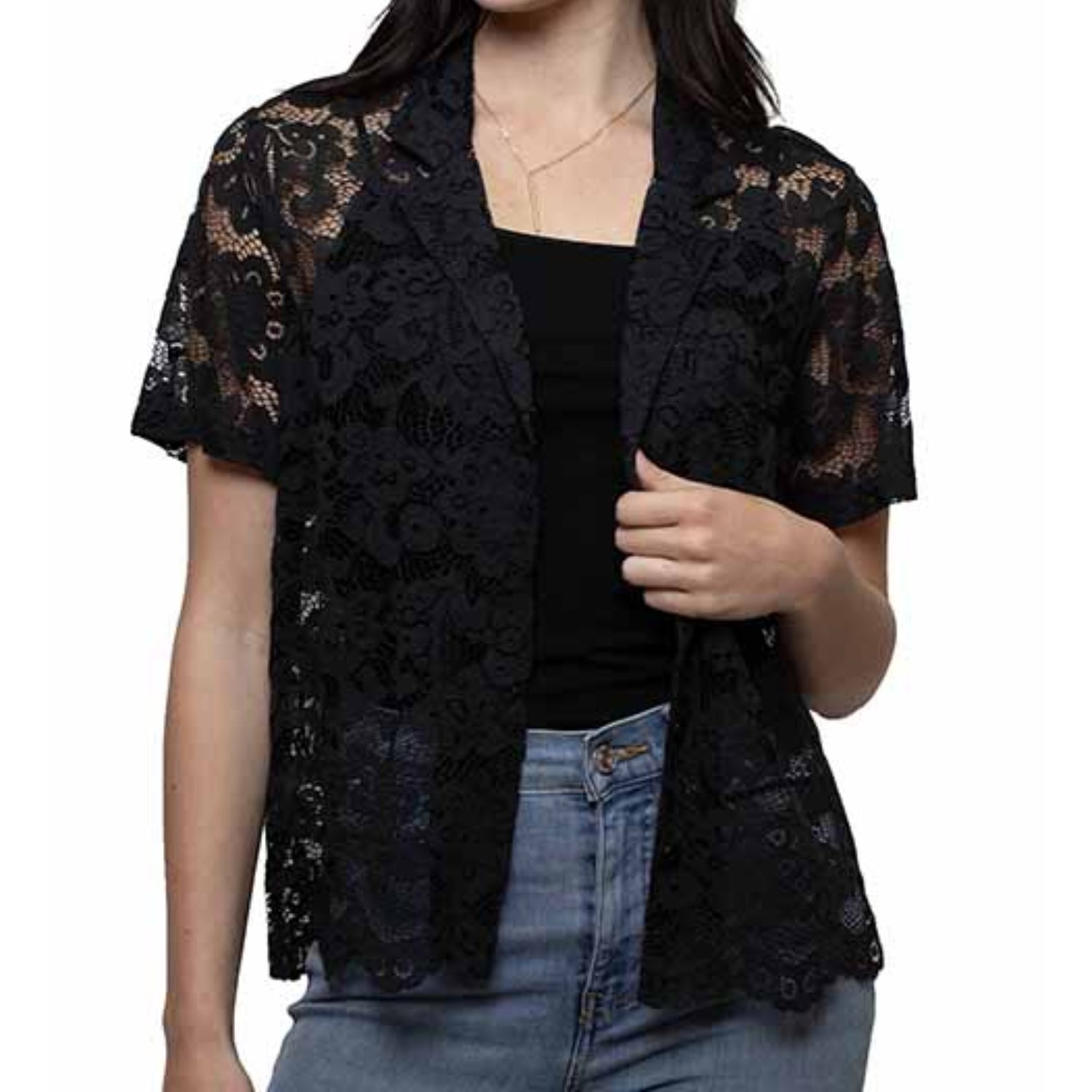 Scully Honey Creek Women's Floral Lace Short Sleeve Open Front Top, Black