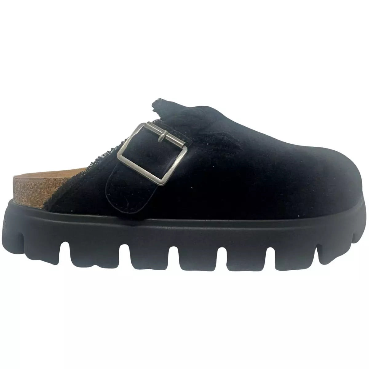 Very G Womens Cali Braided Buckle Faux Suede Mule Platform Slip On Shoe, Black
