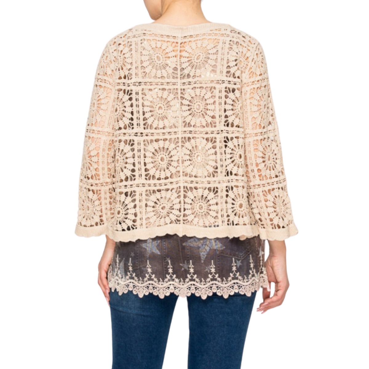 Origami Women's Short Crochet Button Front Cardigan, Taupe