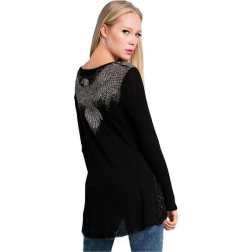 Vocal Womens Long Sleeve Shirt Black High Low Top with Wings