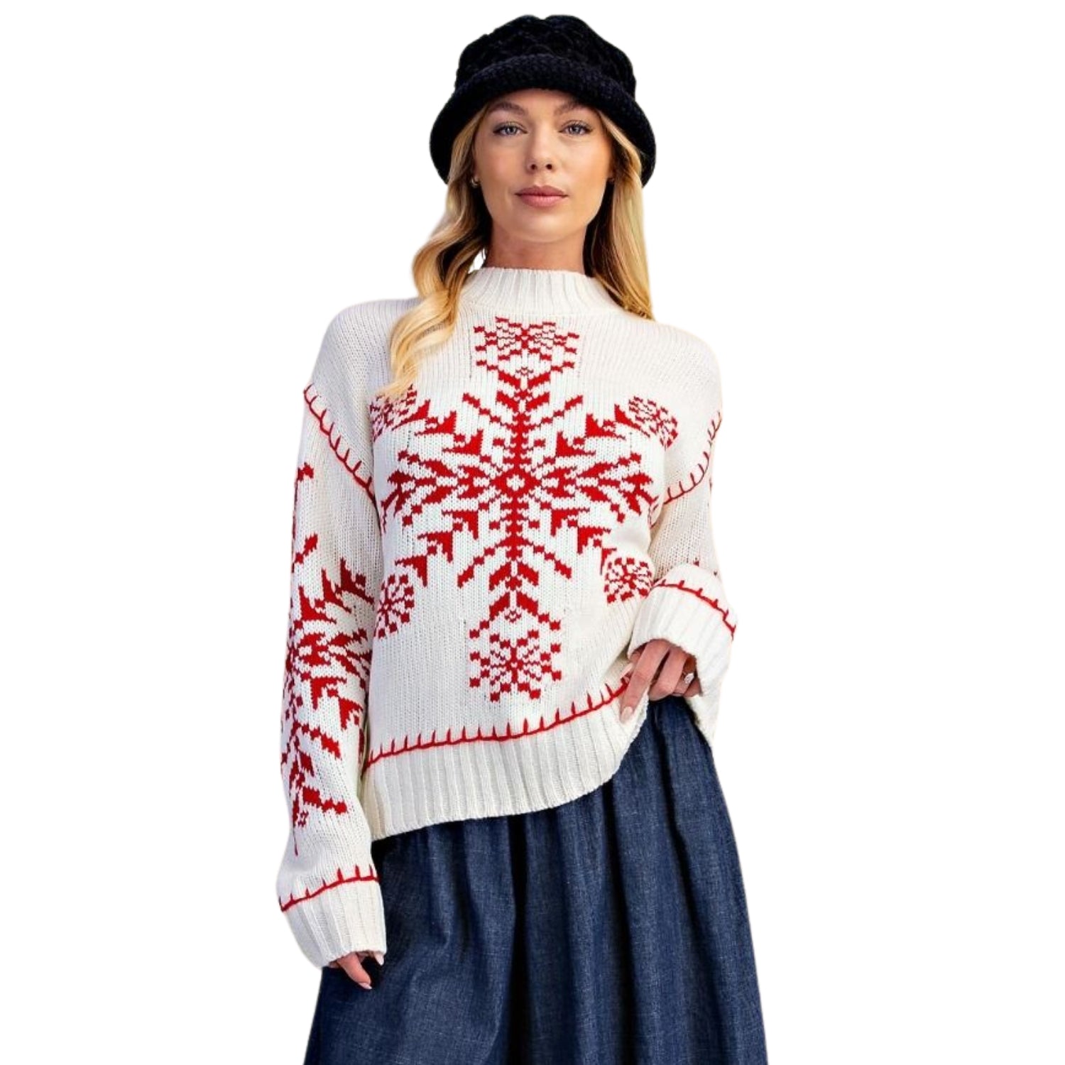 Easel Women's Holiday Snowflake Fair Isle Knit Mock Neck Sweater, Ivory