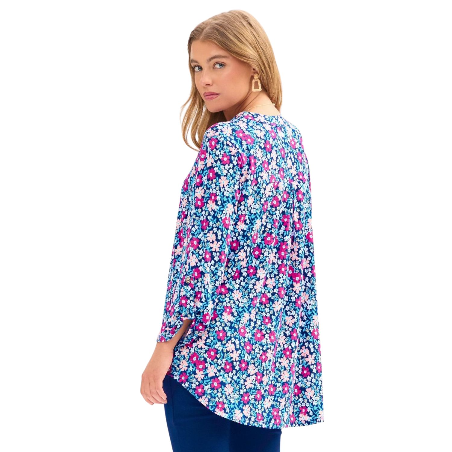 Dear Scarlett Womens Lizzy Relaxed Flowy High Low Blouse, Royal Multi