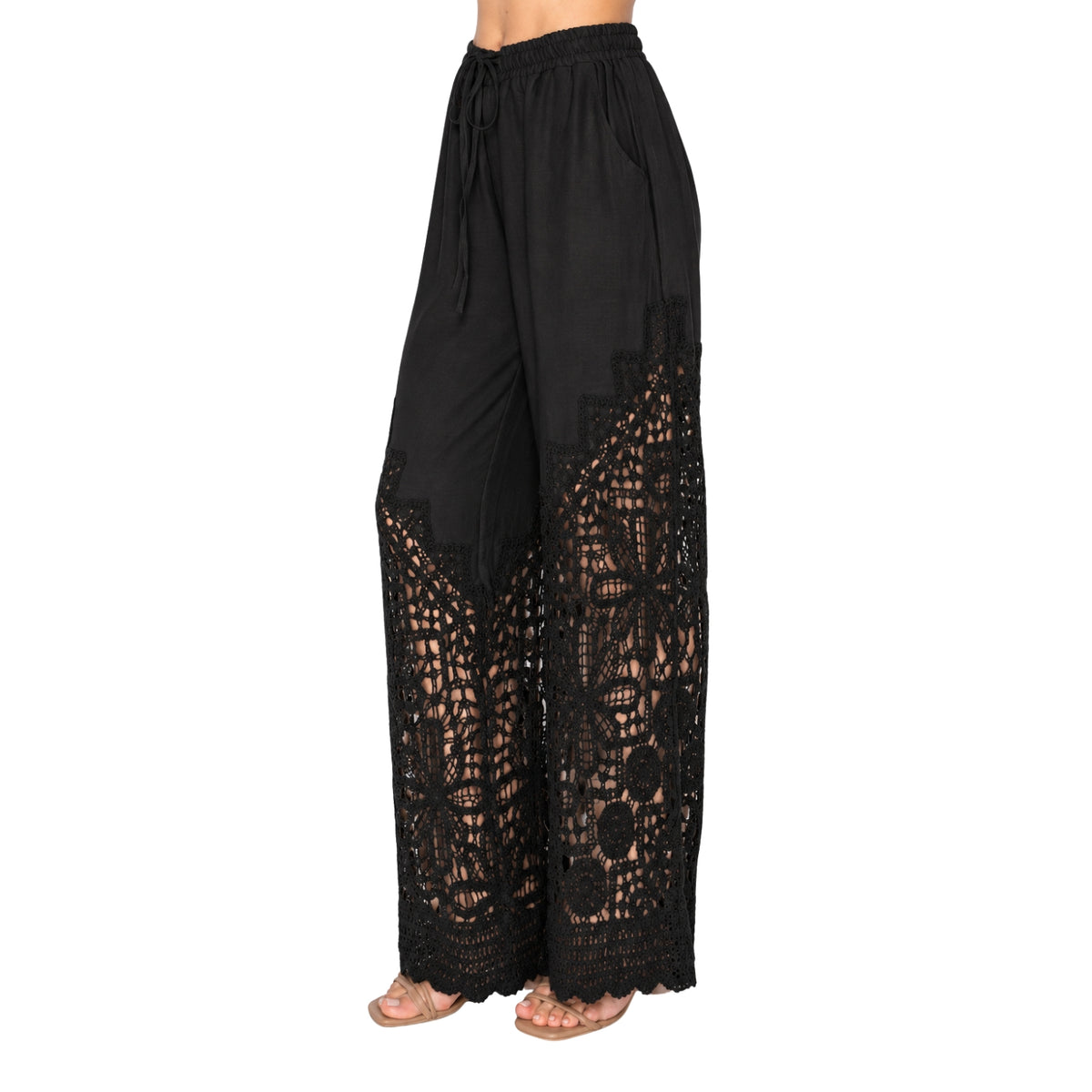 Origami Women's Crochet Lace Wide Leg Drawstring Pants, Black